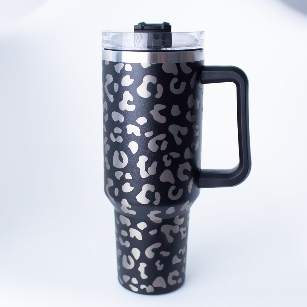 40oz Tumbler with Handle & Straw‎ with Lid Black Leopard Stainless Steel - Picture 2 of 4